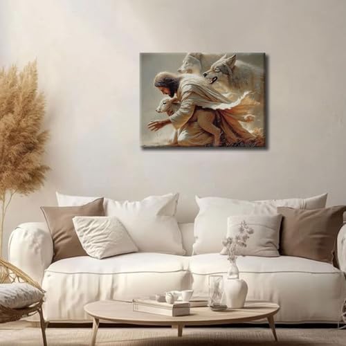 RJETZMU Jesus Good Shepherd Canvas Wall Art, Gallery Wrapped Print, 12x16 - color: Jesus sacrificed his life, size: 16"L x 12"W