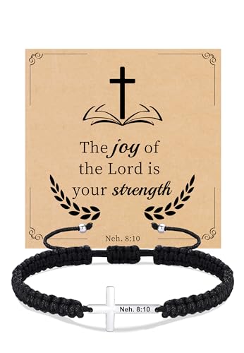 Christian Gifts Cross Bracelet for Men Easter Baptism Religious Gifts for Women Handmade Braided Bracelets Inspirational Confirmation Gifts for Teenage Girl Boys Jewelry - color: Silver, style: Neh. 8:10