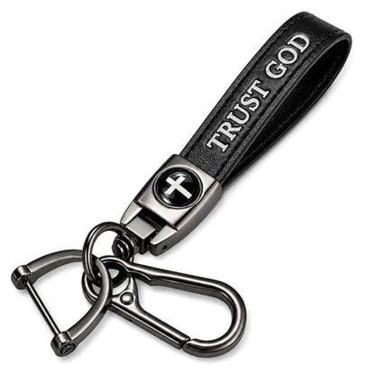 Christian Cross Leather Keychain for Men – Christian Gift for Dad Husband Son - color: Black – Trust God