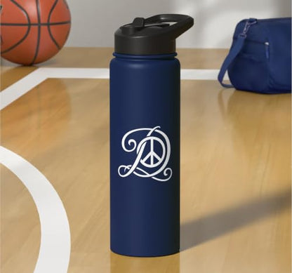 fancy Italic script Initial Letter D minimalist peace sign Stainless Steel Insulated Water Bottle - color: Navy Blue