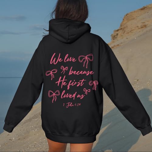 Christian Bow Hoodies for Women Cute Bow Print Sweatshirt Bible Verse Graphic Hoodie Religious Pullover Sweatshirts - color: Black, size: XX-Large