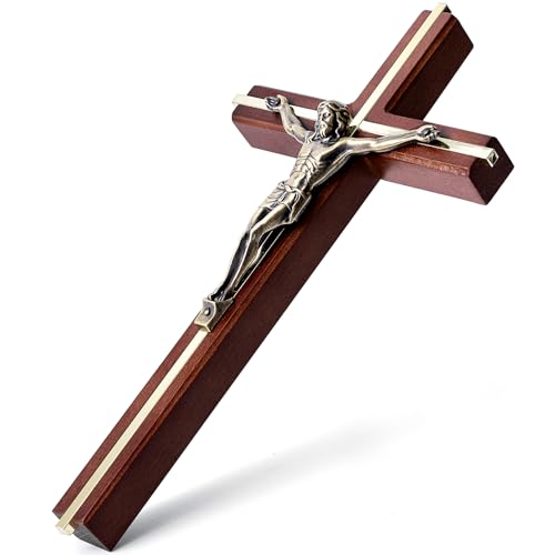 SISSIDA Wooden Crucifix Wall Cross, Handmade Catholic Home Decor, 10 Inch - color: Brown + Antique Brass