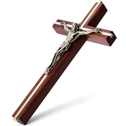 SISSIDA Wooden Crucifix Wall Cross, Handmade Catholic Home Decor, 10 Inch - color: Brown + Antique Brass