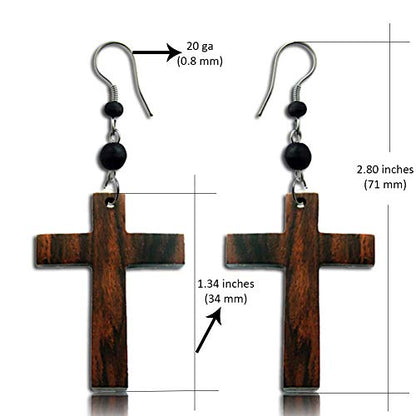 Earth Accessories Dangle Cross Earrings for Women or Men - Dangly Cross Earring with Organic Wood