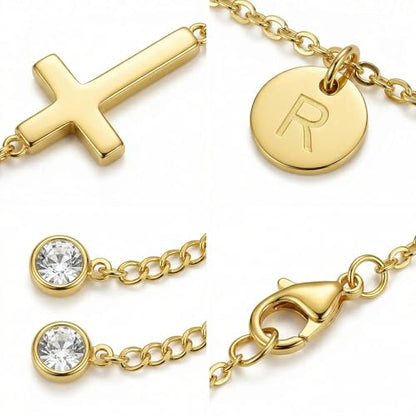 Cross Bracelet Set for Women, 18K Gold Plated Stainless Steel, Minimalist Cross & Initial Letter Charm, Adjustable Layered Bracelets with Gift Box and Inspirational Cards - color: Gold-K
