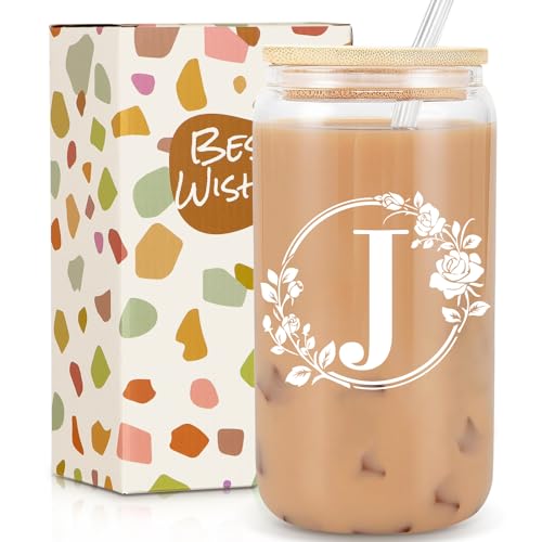 Birthday Gifts for Women, Monogrammed Initial Glass Cup Personalized Gifts for Women, 16oz Glass Cups with Lids and Straws, Iced Coffee Cup, Beer Can Shaped Glass - Gifts for Mothers Day, Christmas, J - style: J