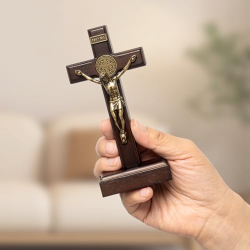 KUXBET Crucifix Wall Cross with Standing, 5inch Jesus Catholic Wooden Cross - color: Small Tabletop
