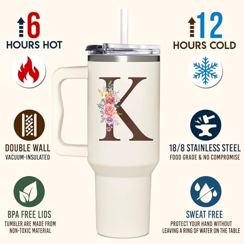 Personalized Gifts for Women, Customized Mother's Day, Birthday, Xmas Gift For Grandma, Mom, Wife, Friends, Sisters, Coworkers, Monogrammed Tumbler 40oz with Lid and Straw - color: K