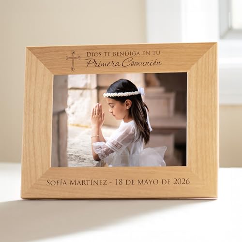 Lifetime Creations Marco de Foto Personalizado para Primera Comunión – Regalo de Primera Comunión Grabado para Niño o Niña, Recuerdo de Primera Comunión, Marco de Madera (Foto 4x6 Horizontal) - color: Personalizado - Primera Comunión (en Español), size: 4