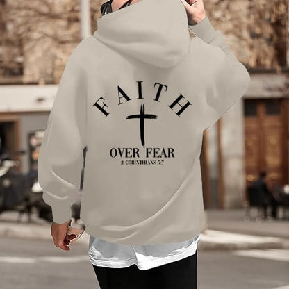 Men Faith Over Fear Christian Cross Graphic Pullover Hoodie - color: Apricot, size: X-Large