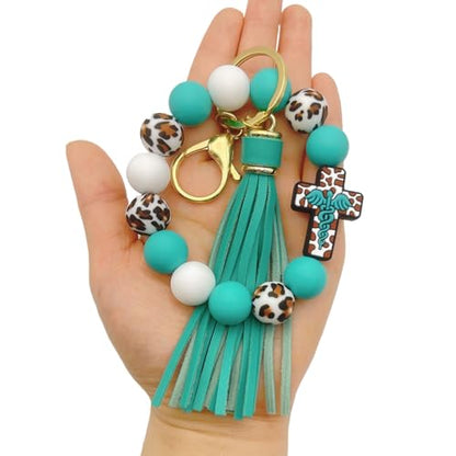 Beaded Keychain Wristlet Silicone Cross Elastic Wrist Key Ring Tassel Bangle Key Chains for Car Key Bracelet Women - color: Leopard Turquoise