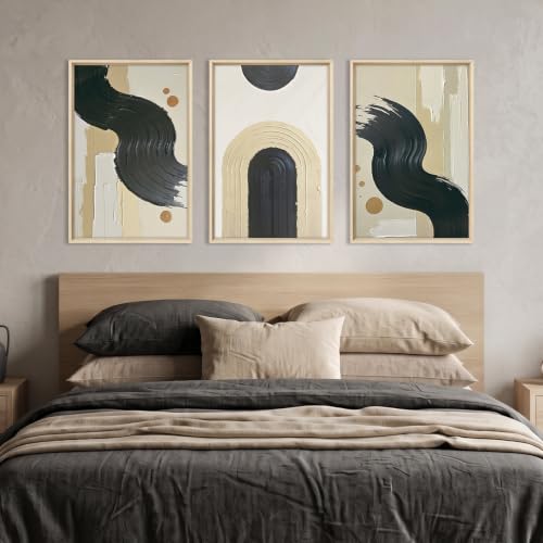 HOURIA Black Beige Abstract Neutral Framed Canvas Wall Art Set- 16"x24"x3 - color: Abstract Beige Black Wall Art, size: 16"L x 24"W