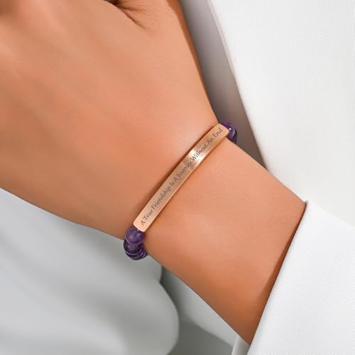 Amethyst Christian Bracelet for Women, 18K Gold Plated Bible Verse Jewelry, Inspirational Religious Faith Gift, Scripture Jewelry for Encouragement & Strength - color: A true friendship is a journey without an end-Amethyst Rose Gold