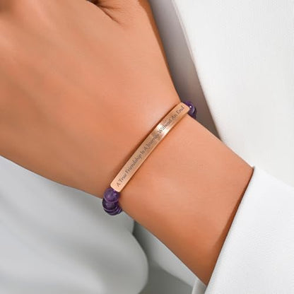 Amethyst Christian Bracelet for Women, 18K Gold Plated Bible Verse Jewelry, Inspirational Religious Faith Gift, Scripture Jewelry for Encouragement & Strength - color: A true friendship is a journey without an end-Amethyst Rose Gold