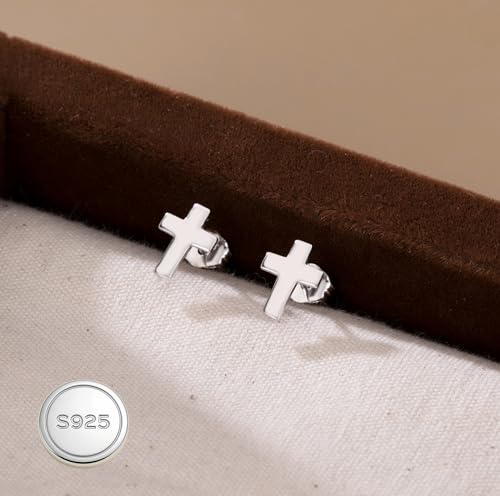 Reffeer Solid 925 Sterling Silver Cross Stud Earrings for Women Teen Small Cross Earrings Studs - color: A-Silver