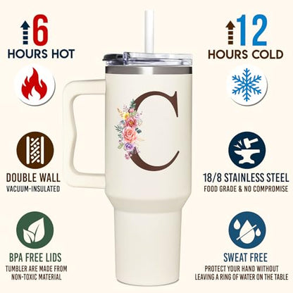 Personalized Gifts for Women, Customized Mother's Day, Birthday, Xmas Gift For Grandma, Mom, Wife, Friends, Sisters, Coworkers, Monogrammed Tumbler 40oz with Lid and Straw - color: C
