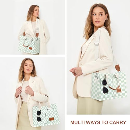 LHMTQVK Canvas Tote Bag for Women, Work & Bible Study Handbag - color: Green Grid
