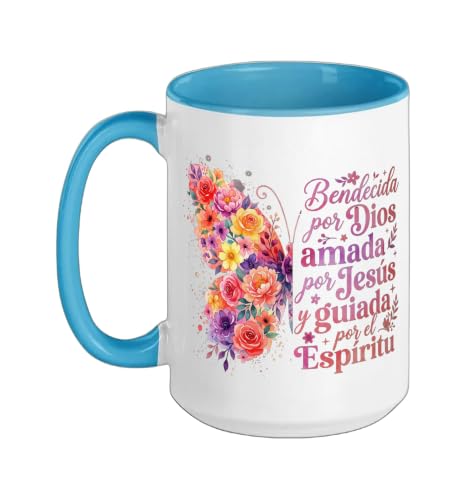 Bendecida Por Dios Amada Por Jesus Christian Spanish Floral Ceramic Mug, Blue/White, 15oz - color: Blue/White, size: 15 Ounces