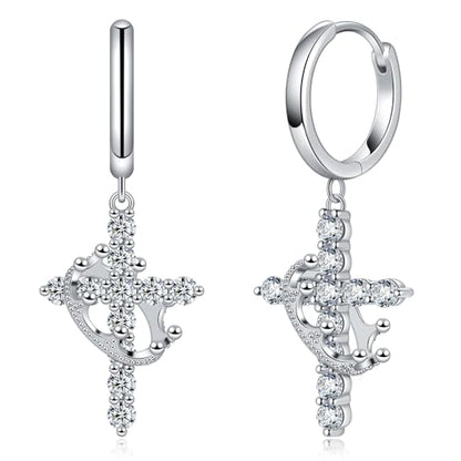 Moissanite Sterling Silver Cross Earrings for Women Huggie Drop - color: Cross Crown (Silver)