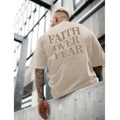 Christian Faith Over Fear Shirt for Men Jesus Religious Shirts Oversized Graphic Tees Acid Wash God T-Shirt - color: Apricot, size: XX-Large