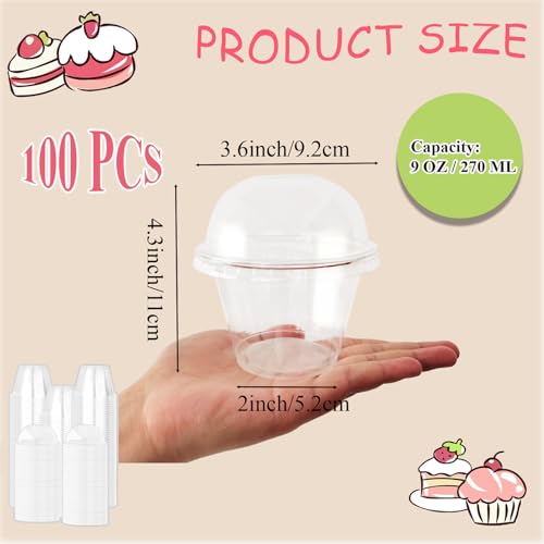 Szsrcywd 100 Pack 9oz Clear Dessert Cups with Dome Lids,Disposable Plastic Parfait Yogurt Cup (NO HOLE) Fruit Containers for Ice Cream,Pudding,Salad,Cold Drink,Cake,Jello - style: 100pack cups with dome lids