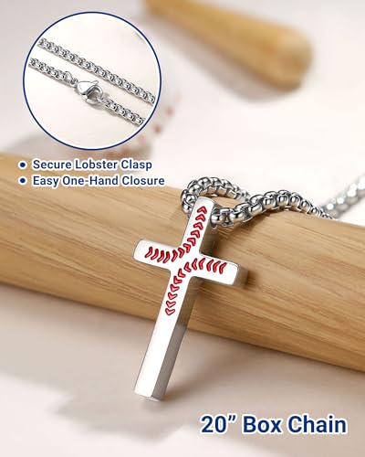 UNGENT THEM Baseball Cross Necklace for Boys with Bible Verse Card, 20 Inch