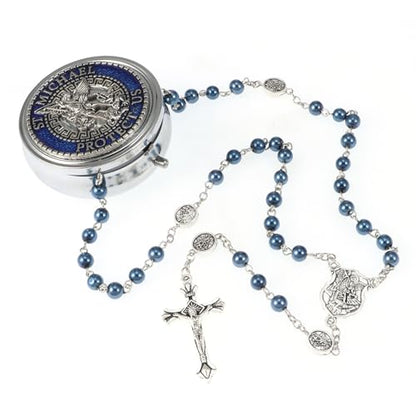 Saint Michael the Archangel Blue Pearl Beads Catholic Rosary Necklace