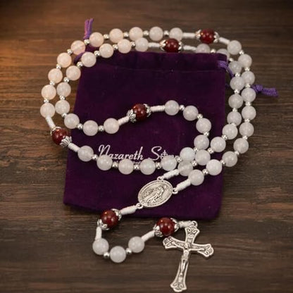 Nazareth Store 8mm White Jade & 10mm Natural Stone Beads Rosary Necklace St. Miraculous Medal & Cross Crucifix Catholic Prayer Beads Religious Jewelry - color: Red Garnet