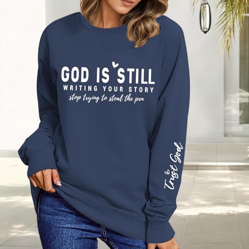 PAIEXILY Christian Crewneck Sweatshirts for Women God Faith Bible Verse Pullover Jesus Religious Long Sleeve Shirts Tops - color: Gray Blue, size: Large