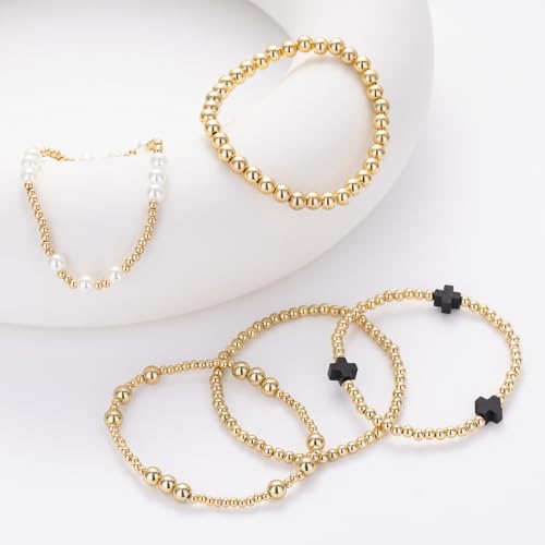 Gold Beaded Pearl Cross Bracelets Stackable Christian Stretch Jewelry Set - color: Black