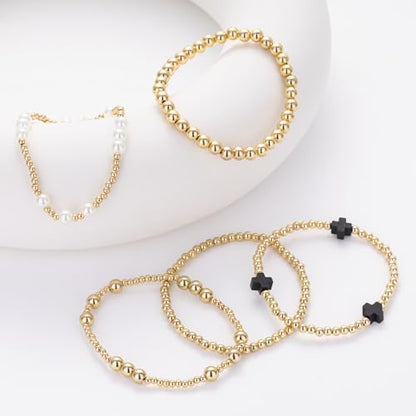 Gold Beaded Pearl Cross Bracelets Stackable Christian Stretch Jewelry Set - color: Black