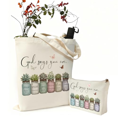 2 Pack Bible Canvas Tote Bag Makeup Bag Women Christian Gifts Reusable Grocery Bags for Shopping Travel - style: Bible Succulent