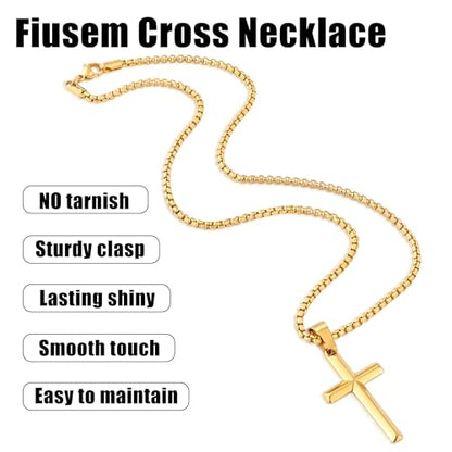 Fiusem Beveled Edge Cross Necklace for Men - size: 16 inches, style: Gold cross: 1.4"*0.8"