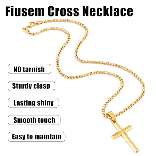Fiusem Beveled Edge Cross Necklace for Men - size: 20 inches, style: Gold cross: 1.4"*0.8"