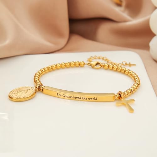 DS Women Christian Charm Bracelet,Cross Scripture Stainless Steel Jewelry - style: For God so loved the world-Gold