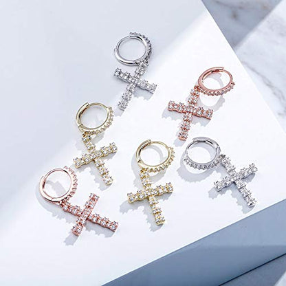 TOPGRILLZ Cross Hoop Dangle Earrings 925 Sterling Silver 5A+ Cubic Zirconia 14K Gold Hypoallergenic Cross Hoop Cuff Huggie Drop Earrings For Men Women - color: Cross 4 Gold