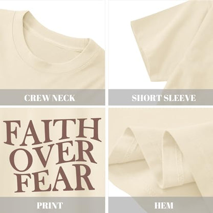 Girls Faith Over Fear Christian Shirts for Kids Jesus God Bible Verse Religious Tshirt Cute Preppy Graphic Tees Tops - color: Apricot, size: 9-10 Years