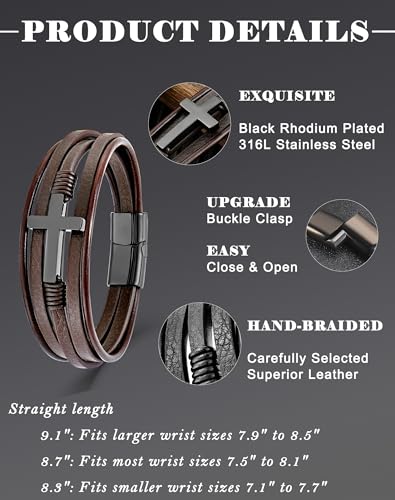 YL Mens Cross Viking Celtic Ankh Odin Compass Life Tree Leather Bracelet, 18K Gold/Black Rhodium Stainless Steel Christian Religious Protection Talisman Brown Cuff Handcrafted Jewelry Gifts - color: 18K Gold-Cross A-Black, size: 8.3"(210mm)