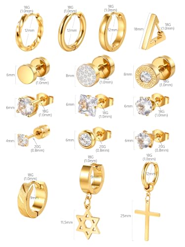 Oveta 16 Pairs 18G 16G Stainless Steel Mens Earrings, Earrings for Men with Studs Hoop Earring Cross Dangle Earrings Hypoallergenic Ear Piercing Jewelry for Men Women, Silver Gold Black - color: Gold