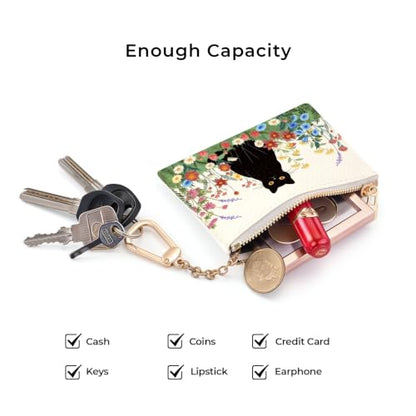 Black Cat Floral Keychain Coin Purse for Women Small Change Pouch - color: Black Cat and Flower