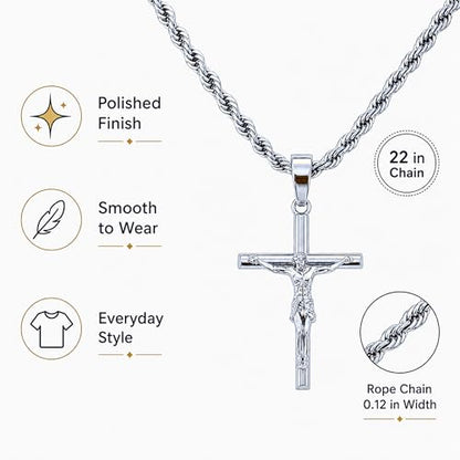 Mens Cross Necklace, 18K Gold Plated Crucifix Pendant - color: Silver