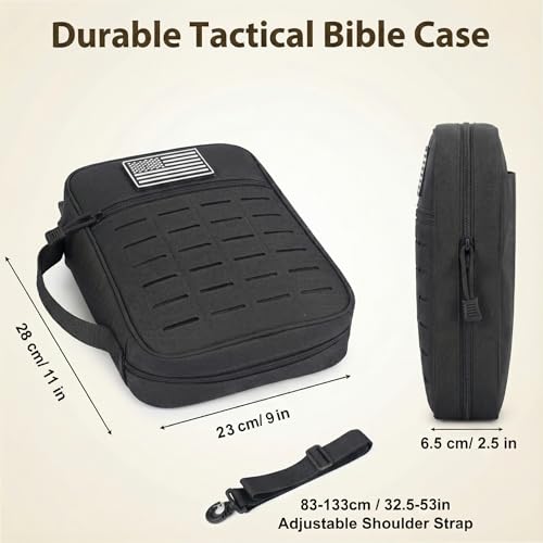 Tactical Bible Cover for Men, Large Bible Case with Shoulder Strap & US Flag Patch, Water Resistant Bible Carrier Bag with Handle, Multi Pockets for Church Study & Travel（Black） - color: Black