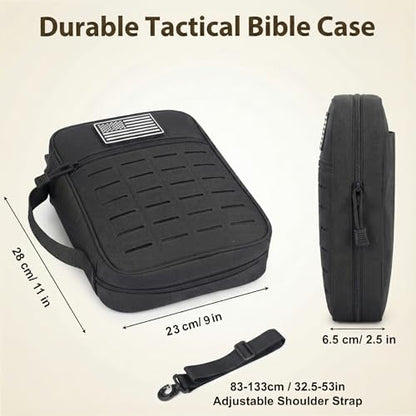 Tactical Bible Cover for Men, Large Bible Case with Shoulder Strap & US Flag Patch, Water Resistant Bible Carrier Bag with Handle, Multi Pockets for Church Study & Travel（Black） - color: Black