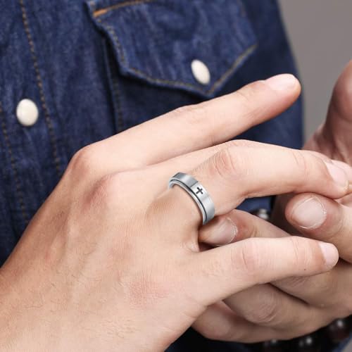Mens Fidget Rings Anxiety Ring for Men 6mm 8mm Chain Spinner Ring Size 5-14 - color: Jet Silver