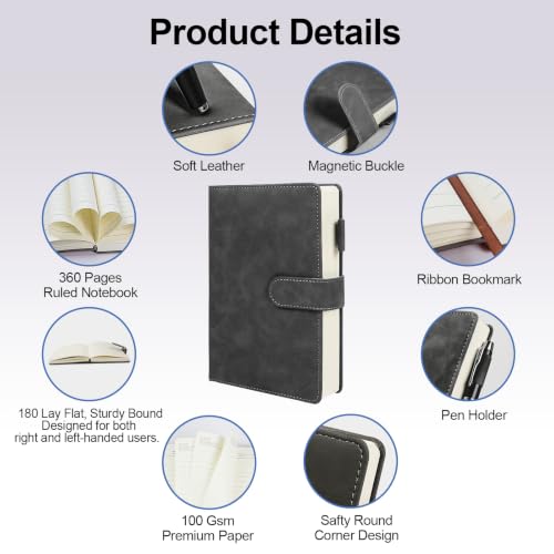 A5 Leather Journal for Women Men, Hardcover Notebook Set with Pen, Black - color: Black