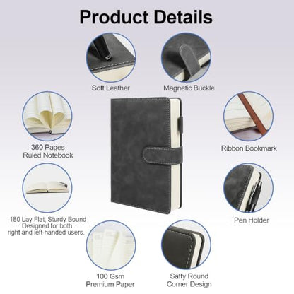 A5 Leather Journal for Women Men, Hardcover Notebook Set with Pen, Black - color: Black