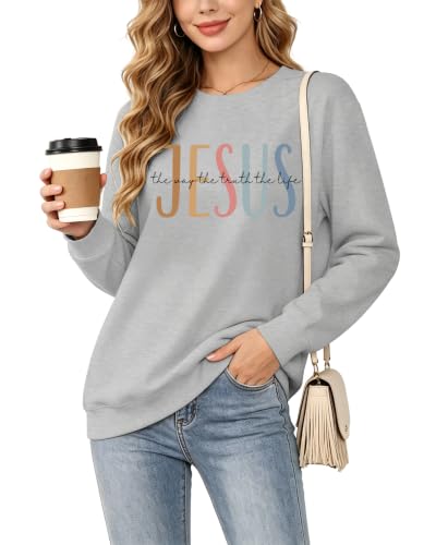 Christian Sweatshirts for Women Jesus Long Sleeve Graphic Shirts - color: Grey, size: Large