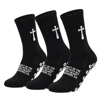 3 Pair Grip Christian Soccer Socks,Easter,Christmas Gift for Men - color: Proverbs 3:5 - Black