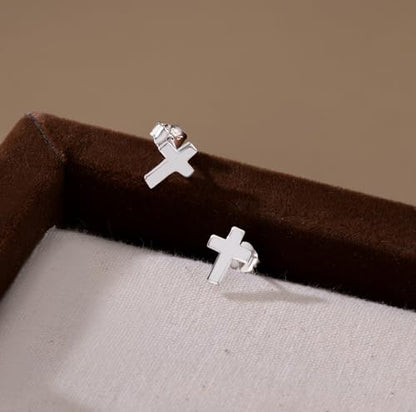 Reffeer Solid 925 Sterling Silver Cross Stud Earrings for Women Teen Small Cross Earrings Studs - color: A-Silver