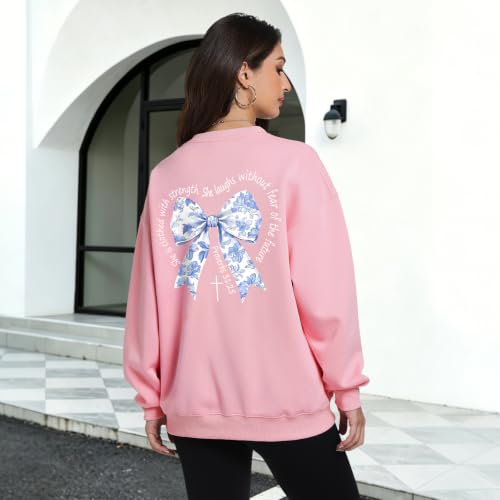 Bow Sweatshirt Christian Jesus Sweatshirts for Women Faith God Long Sleeve Shirts Bible Verse Graphic Pullover Gifts - color: Pink, size: Large